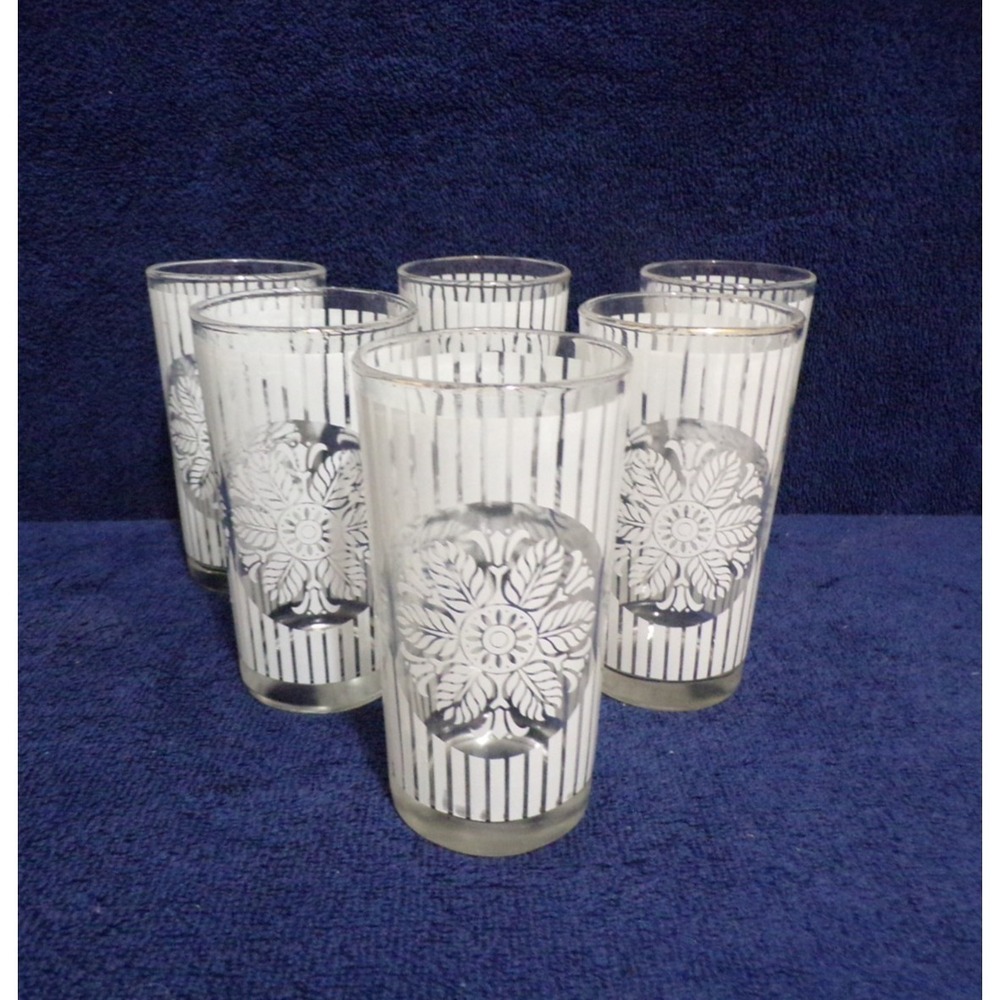 Libbey Vintage Tumbler "Swanky Swig" Set of 6 Flower & Stripes 8 oz Glasses MCM